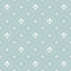 Seamless light blue and white dotted pattern. Modern geometric ornament with royal lilies. Classic vintage background