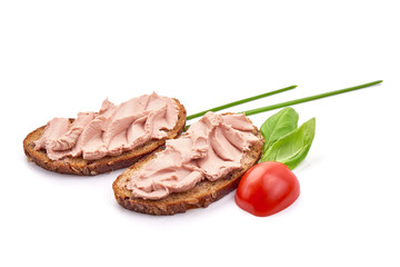 Sandwich with homemade chicken liver pate, isolated on white background