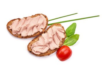 Chicken liver pate sandwich, isolated on white background