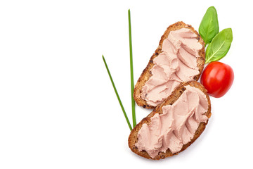 Sandwich with homemade chicken liver pate, isolated on white background