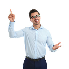 Young male teacher with glasses on white background