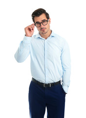 Young man with glasses on white background