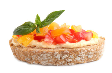 Tasty fresh tomato bruschetta on white background