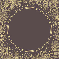 Winter frame with golden arabesques and snowflakes. Fine greeting card. Pattern with snowflakes