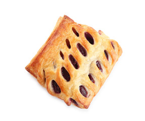 Fresh tasty puff pastry on white background, top view