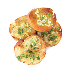 Slices of toasted bread with garlic and herb on white background, top view