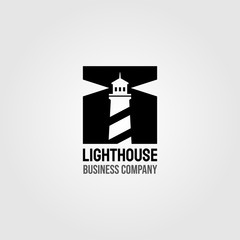 vintage lighthouse negative space square logo design illustration
