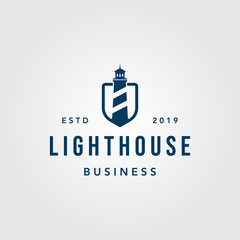 vintage lighthouse shield logo design illustration