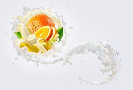 Fresh orange banana fruit milk, yogurt, smoothie 3D splash milky wave with orange, banana slices. Dairy label, banner commercial design with healthy yogurt, smoothie milk splash, orange, banana fruits