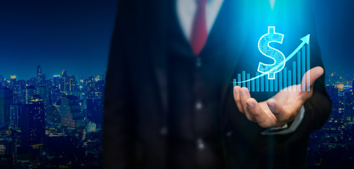 Businessman holding dollar currency icon. Successful money financial investment concept.
