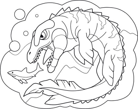 cartoon prehistoric dinosaur mosasaurus coloring book funny illustration