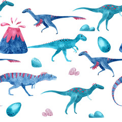 Seamless pattern with watercolor cute little Dinosaurs characters. Cartoon childish prehistoric reptile print in blue, turquoise, pink colors. Perfect for baby kid fabric textile and wrapping paper.