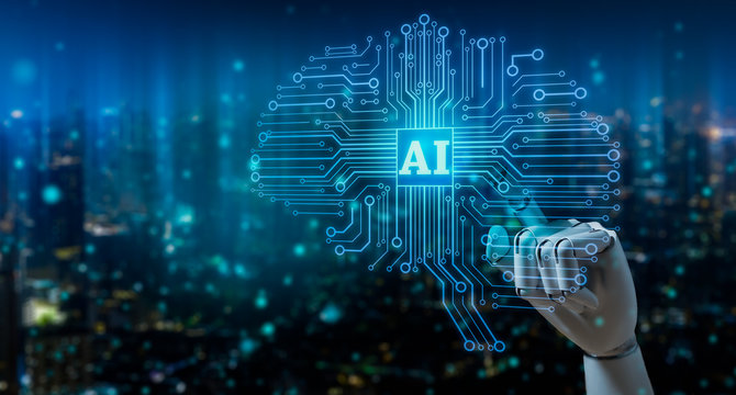 AI (Artificial Intelligence),machine learning,machine deep learning, data mining and neural network concept.Robot finger point to Artificial intelligence brain with bokeh background. - Powered by Adobe
