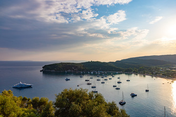 Valtos beach at sunset. It is one of the longest beaches in the coastal town of Parga, Greece, Located near the historical castle of Parga.