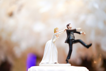 groom doll and statue is running away but bride can catch him finally. the funny wedding story doll...