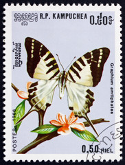 Fototapeta na wymiar Postage stamp Cambodia 1986 five-bar swordtail, butterfly