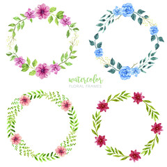 Watercolor floral circle frame collection, Hand drawn flowers romantic wreath set