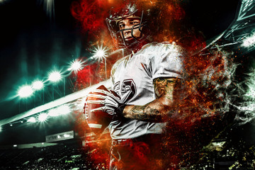 American football player in helmet, on the stadium field with ball in the hand. Fire background. Team sports. Sport wallpaper.