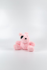 One pink dog doll with the black area around it eye.