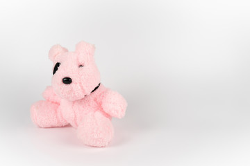One pink dog doll with the black area around it eye.