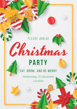 Christmas party poster template with christmas element on white background. Papercut style. Vector illustration