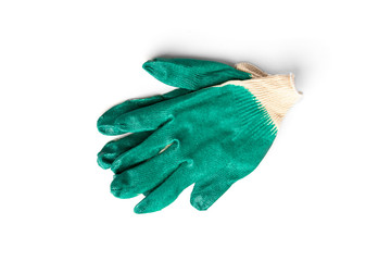 Green construction gloves isolated on white background.