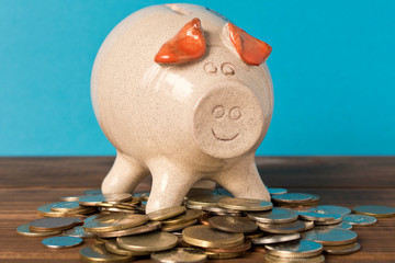 Piggy Bank and a few coins on the wooden table. Close up. The concept of saving money. Selective focus.