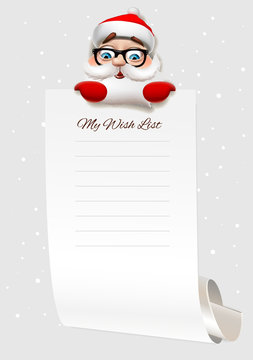 Christmas wish list, Santa Claus character holding big arch of paper. Template for Christmas wishes, vector illustration.