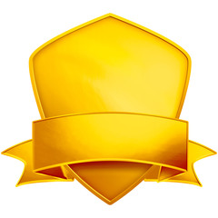 Blank golden shield with ribbon. Gold shield. Premium quality banner design. Premium quality banner design. 3D illustration.