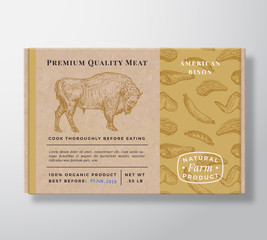 Meat Pattern Realistic Cardboard Box Container. Abstract Vector Packaging Design or Label. Modern Typography, Hand Drawn Bison Silhouette. Craft Paper Buffalo Background Layout.