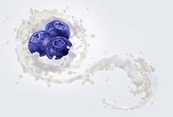 Fresh fruit milk, yogurt, smoothie 3D splash with ripe blueberries. Healthy breakfast meal label ad design, advertising element with yogurt, smoothie, cream, milk, blueberries. Banner design isolated