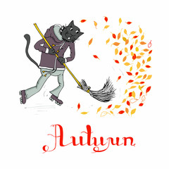 Cat on roller skate sweeps red and yellow autumn leaves. Autumn lettering postcard on white background hand drawn art design element stock vector illustration for web, for print