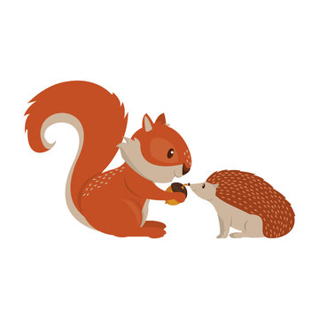 Squirrel and porcupine with nut cartoon