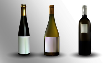 3 bottles of wine isolated. Glass bottles with blank labels with copy-space