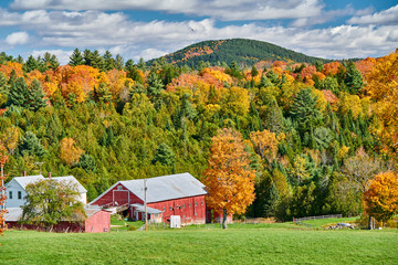 Farm with barn at sunny autumn day in Vermont, USA