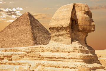 The Sphinx and the Pyramid of Cheops, close view, Giza, Egypt