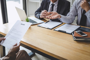Job interview, Two selection committee manager asking questions to applicant about work history, colloquy dream,  Skill, expertise, experience and businessman listen to candidate answers