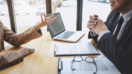 Job interview, Senior selection committee manager asking questions to applicant about work history, colloquy dream,  Skill, expertise, experience and businessman listen to candidate answers