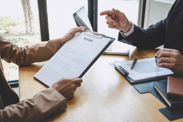 Job interview, Senior selection committee manager asking questions to applicant about work history, colloquy dream,  Skill, expertise, experience and businessman listen to candidate answers