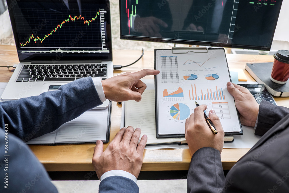 Poster business team investment working with computer, planning and analyzing graph stock market trading wi