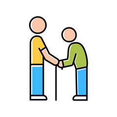 Elderly people help color icon. Volunteer responsibility for old people. Assistance program for pensioners. Caring about old parents. Man holds senior by hands. Isolated vector illustration