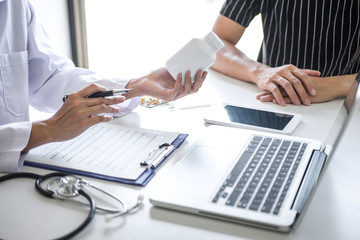 Doctor presenting report of diagnosis, symptom of disease and recommend something a method with patient treatment, after results about the problem illness of patient