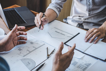 Engineer Teamwork Meeting, Drawing working on blueprint meeting for project working with partner on model building and engineering tools in working site, Construction and structure concept