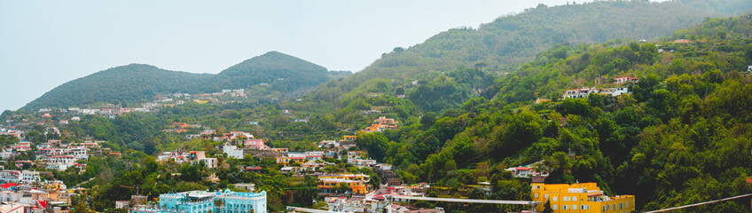 giant panorama about mountains with small housesgiant panorama about mountains with small houses