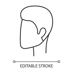 Man hairstyle linear icon. Hair care. Man head with short stylish haircut. Hairstyling. Hairdresser services. Thin line illustration. Contour symbol. Vector isolated outline drawing. Editable stroke