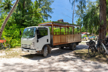 Truck for people transportation on Seychelles island La Digue