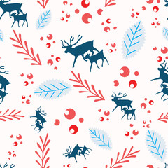 Reindeer and calf Christmas pattern with holly berries, leaves and branches. Scandinavian style seamless vector. For fabric, wrapping paper, packaging and holiday season projects.