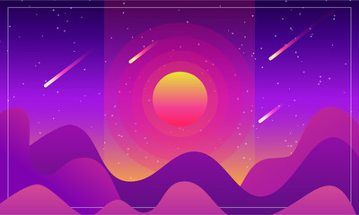 Space landscape with sunset and a starry sky in shades of purple, another planet. Space art. Vector illustration.