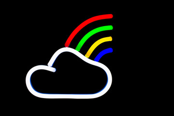 Glowing neon sign of a cloud with a rainbow isolated on a black background. Neon concept. Modern style. Neon sign.