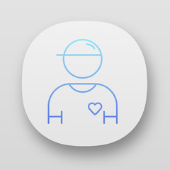 Volunteer app icon. Charity organization member. Social projects follower. Humanitarian program assistant. UI/UX user interface. Web or mobile applications. Vector isolated illustrations